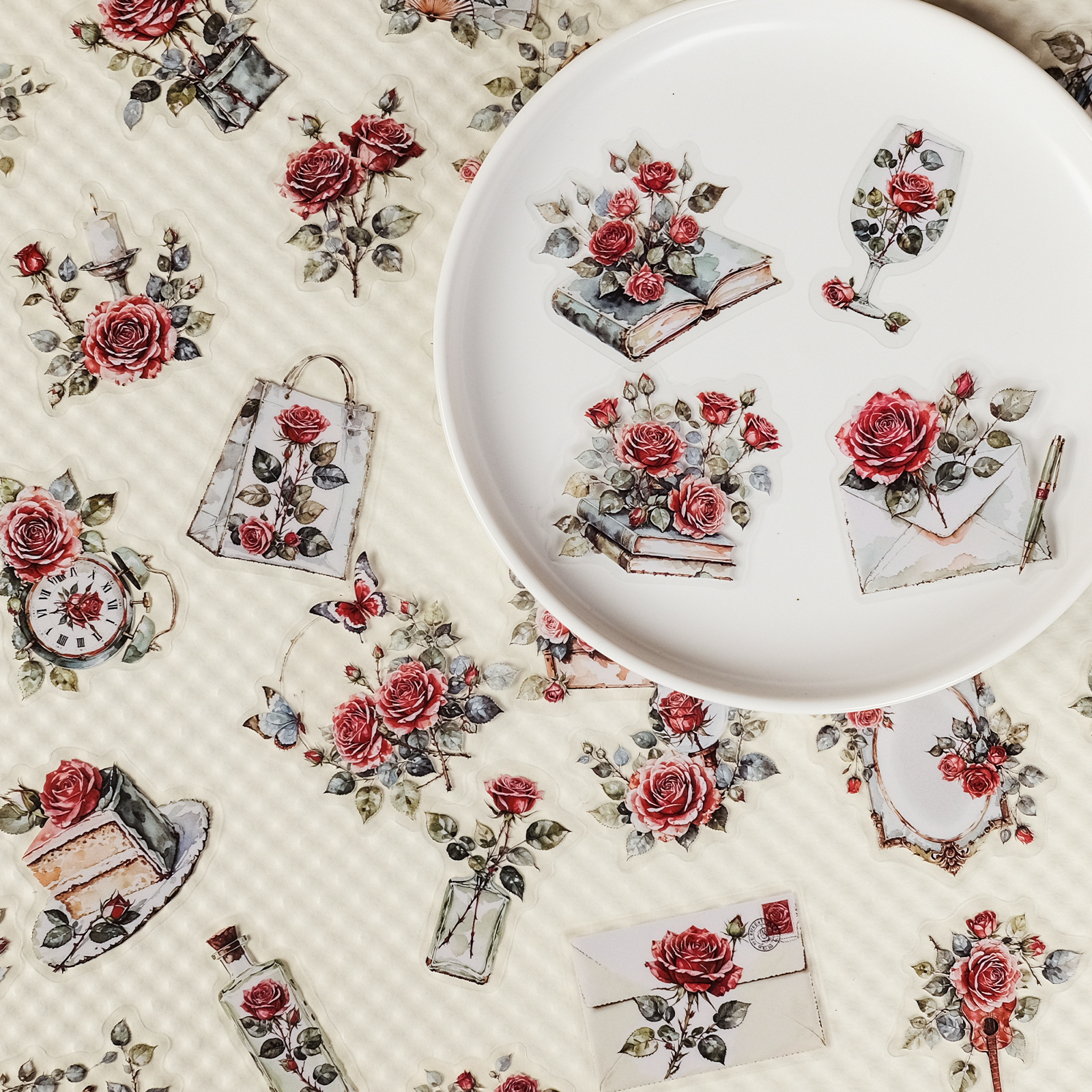 56PCS  New Rose Transparent PET Stickers, Retro Romantic Rose Handbag, Luggage Decoration Materia