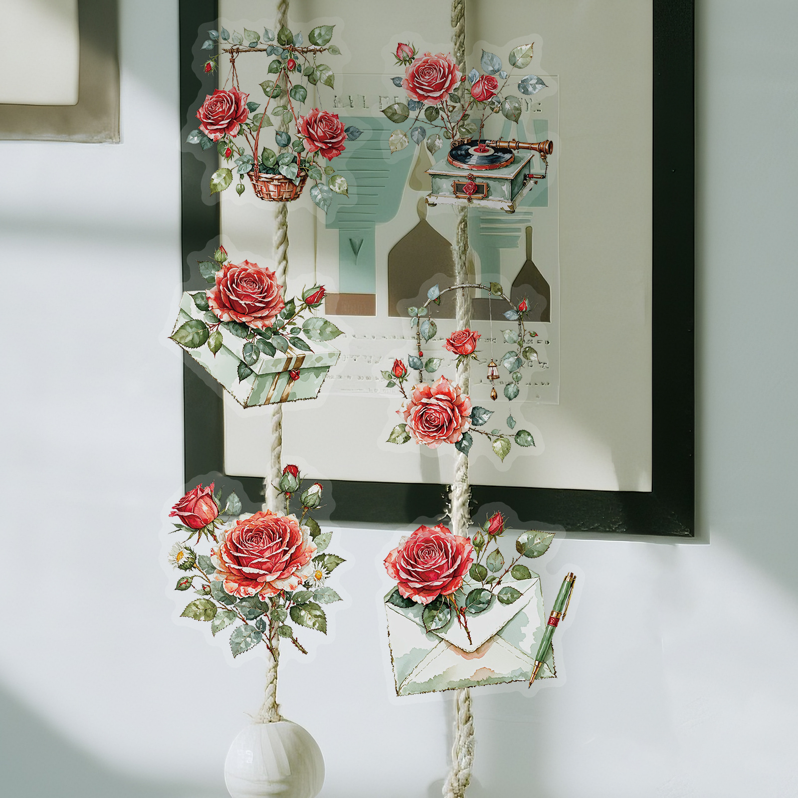 56PCS  New Rose Transparent PET Stickers, Retro Romantic Rose Handbag, Luggage Decoration Materia