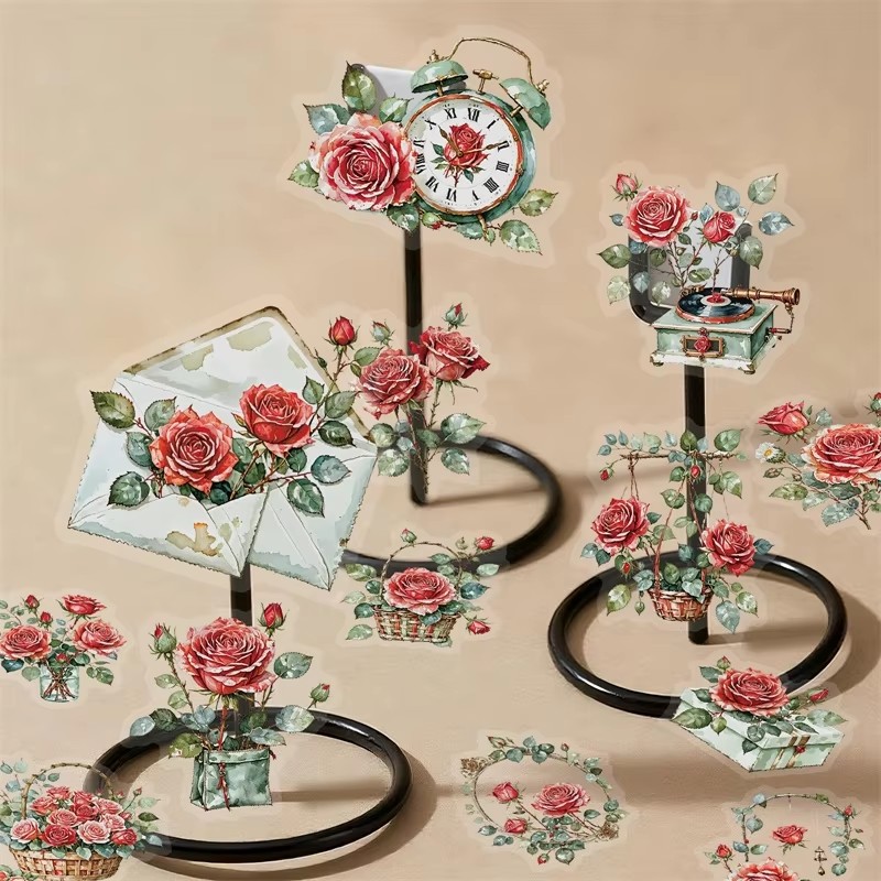 56PCS  New Rose Transparent PET Stickers, Retro Romantic Rose Handbag, Luggage Decoration Materia