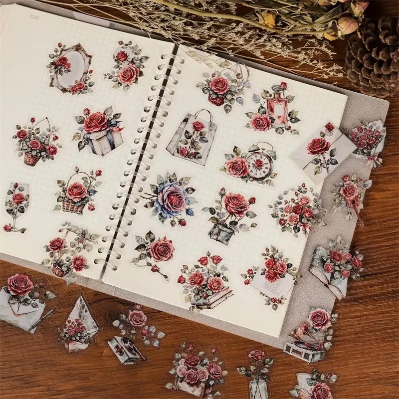 56PCS  New Rose Transparent PET Stickers, Retro Romantic Rose Handbag, Luggage Decoration Materia