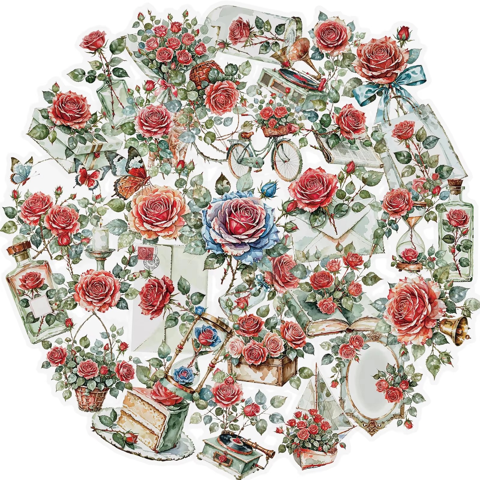 56PCS  New Rose Transparent PET Stickers, Retro Romantic Rose Handbag, Luggage Decoration Materia