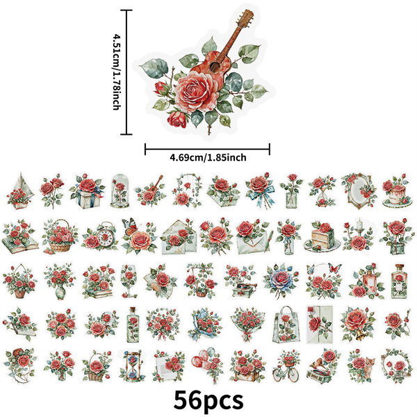 56PCS  New Rose Transparent PET Stickers, Retro Romantic Rose Handbag, Luggage Decoration Materia