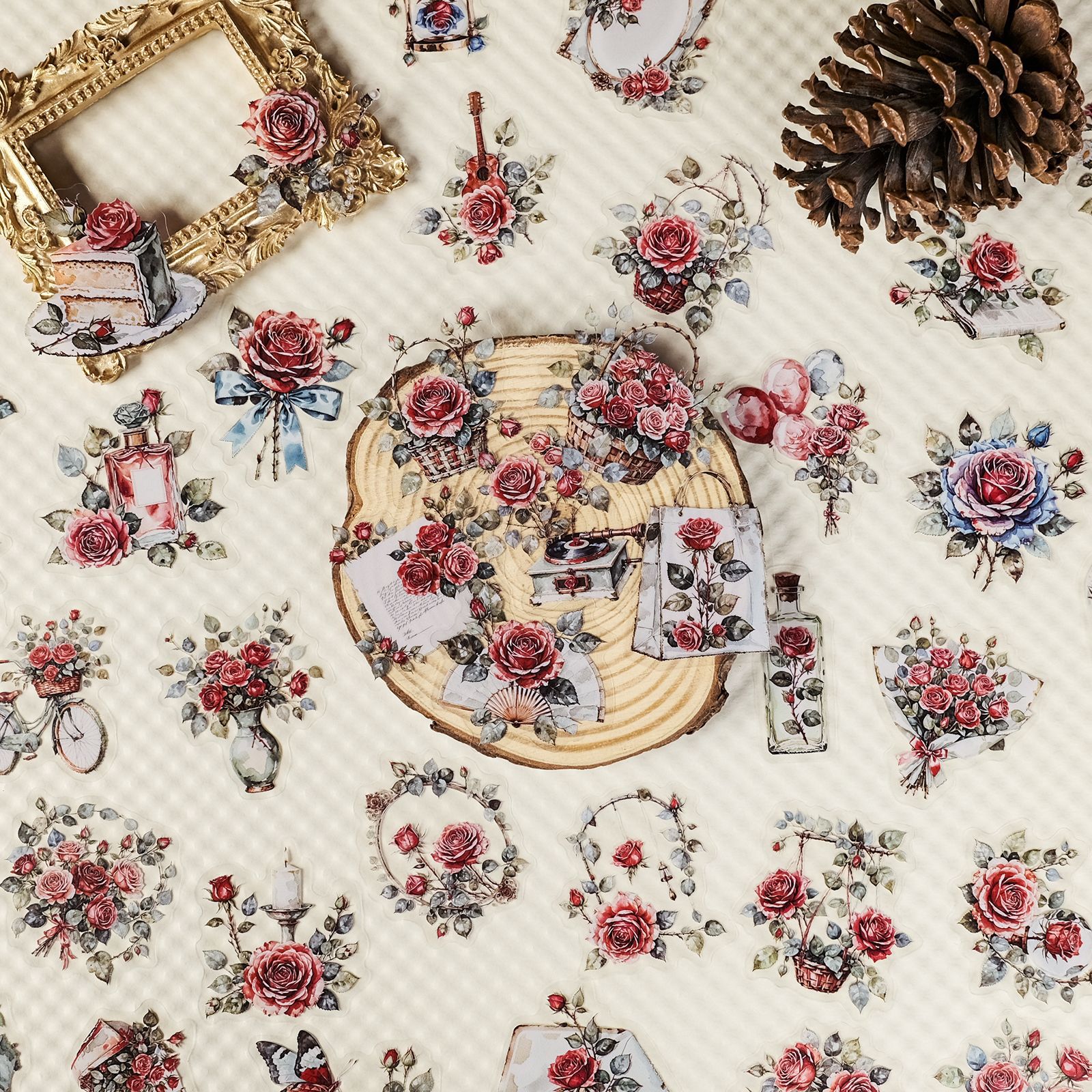 56PCS  New Rose Transparent PET Stickers, Retro Romantic Rose Handbag, Luggage Decoration Materia