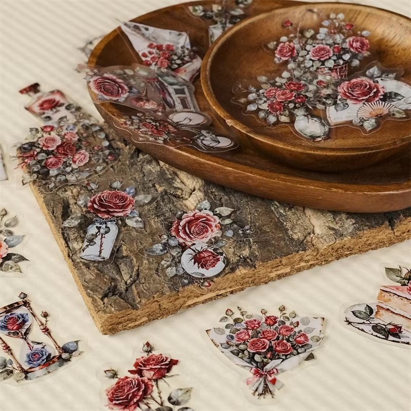 56PCS  New Rose Transparent PET Stickers, Retro Romantic Rose Handbag, Luggage Decoration Materia