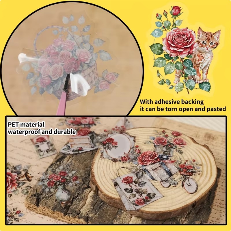56PCS  New Rose Transparent PET Stickers, Retro Romantic Rose Handbag, Luggage Decoration Materia