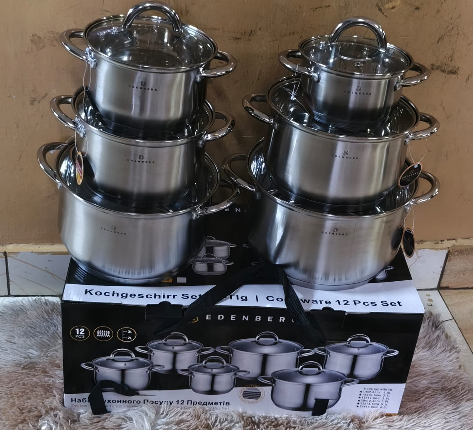 12PCS EDENBERG Stainless Steel Cookware Set 🍳🔥 | Sufuria Set with Glass Lids | Multi-Size Cooking Pots for Home & Kitchen