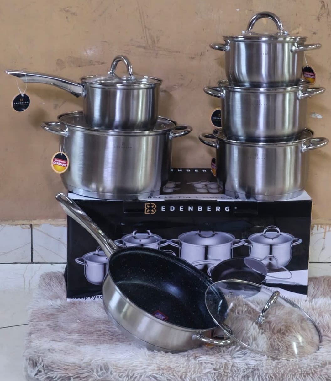 12PCS EDENBERG Stainless Steel Cookware Set 🍳🔥 | Sufuria Set with Glass Lids | Multi-Size Cooking Pots for Home & Kitchen