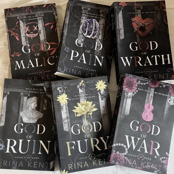 1. God of Malice by Rina Kent 2. God of Pain by Rina Kent 3. God of Wrath by Rina Kent 4. God of Ruin by Rina Kent 5. God of Fury by Rina Kent 6. God of War by Rina Kent