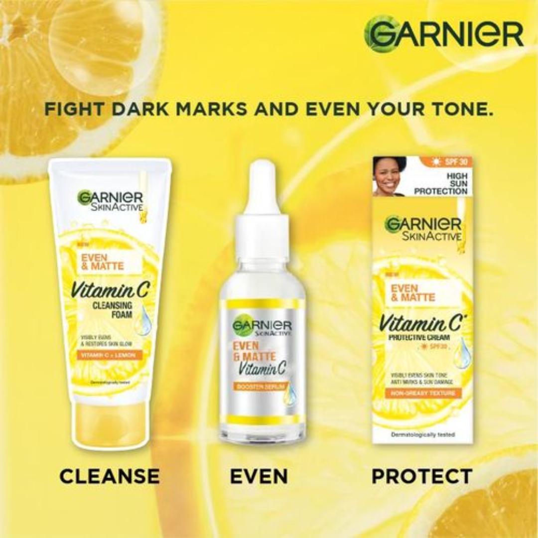 Garnier Even & Matte Day Kit - Cleansing Foam 100ml, Vitamin C Serum 30ml, SPF 30 Cream 50ml