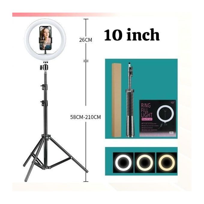 10-inch LED Ringlight Fill Light featuring a 58cm-210cm adjustable tripod stand and a mobile phone holder