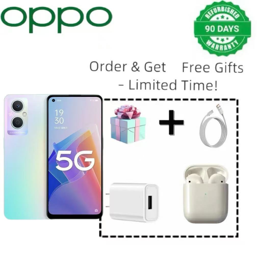Refurbished OPPO A96 5G smartphone, 128GB/256GB storage, 6.43-inch display, 48MP main camera, 4500mAh battery. Unlock methods: Face recognition