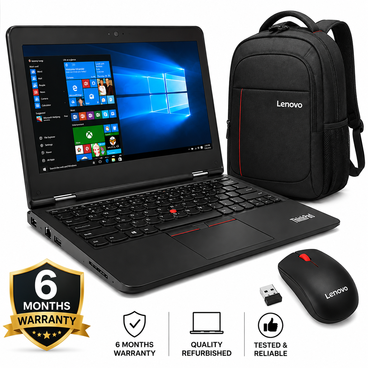 Lenovo ThinkPad 11E, Non-Touch, Intel, 4 GB Ram, 128 GB SSD, 12.5" Display, Ideal for Business and Education Series + Free Laptop Bag & Mouse, - Black