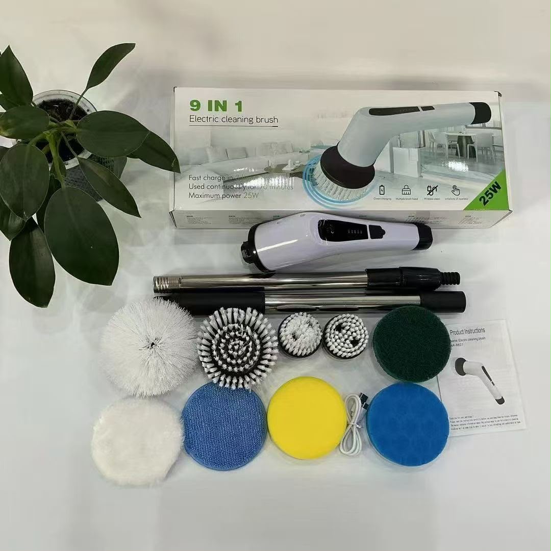 High Quality 9 in 1 Cordless Electric Cleaning Brush - Rechargeable Spin Scrubber with 9 Brush Heads & Extendable Handle for Bathroom, Kitchen, Tiles & Floor Cleaning