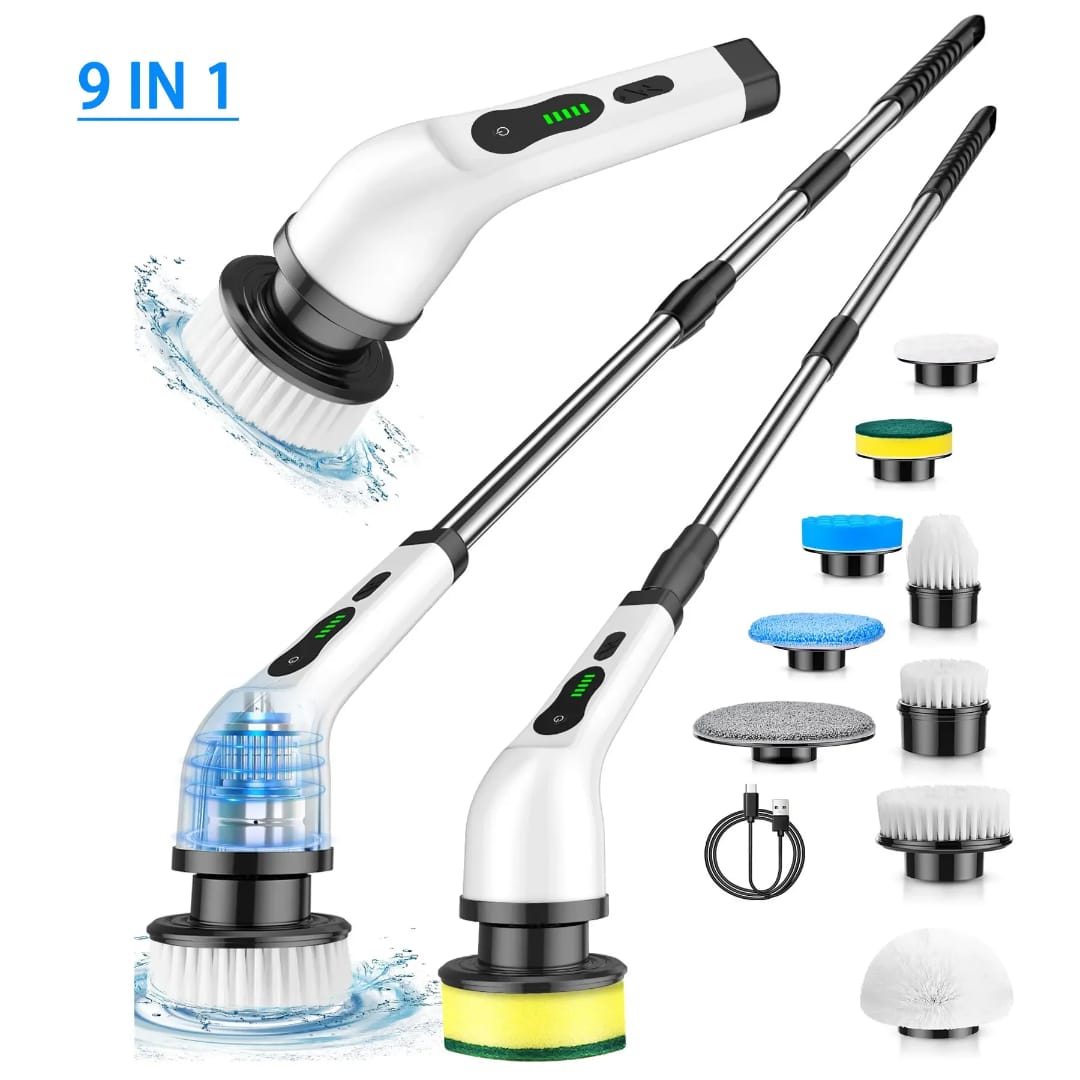 High Quality 9 in 1 Cordless Electric Cleaning Brush - Rechargeable Spin Scrubber with 9 Brush Heads & Extendable Handle for Bathroom, Kitchen, Tiles & Floor Cleaning