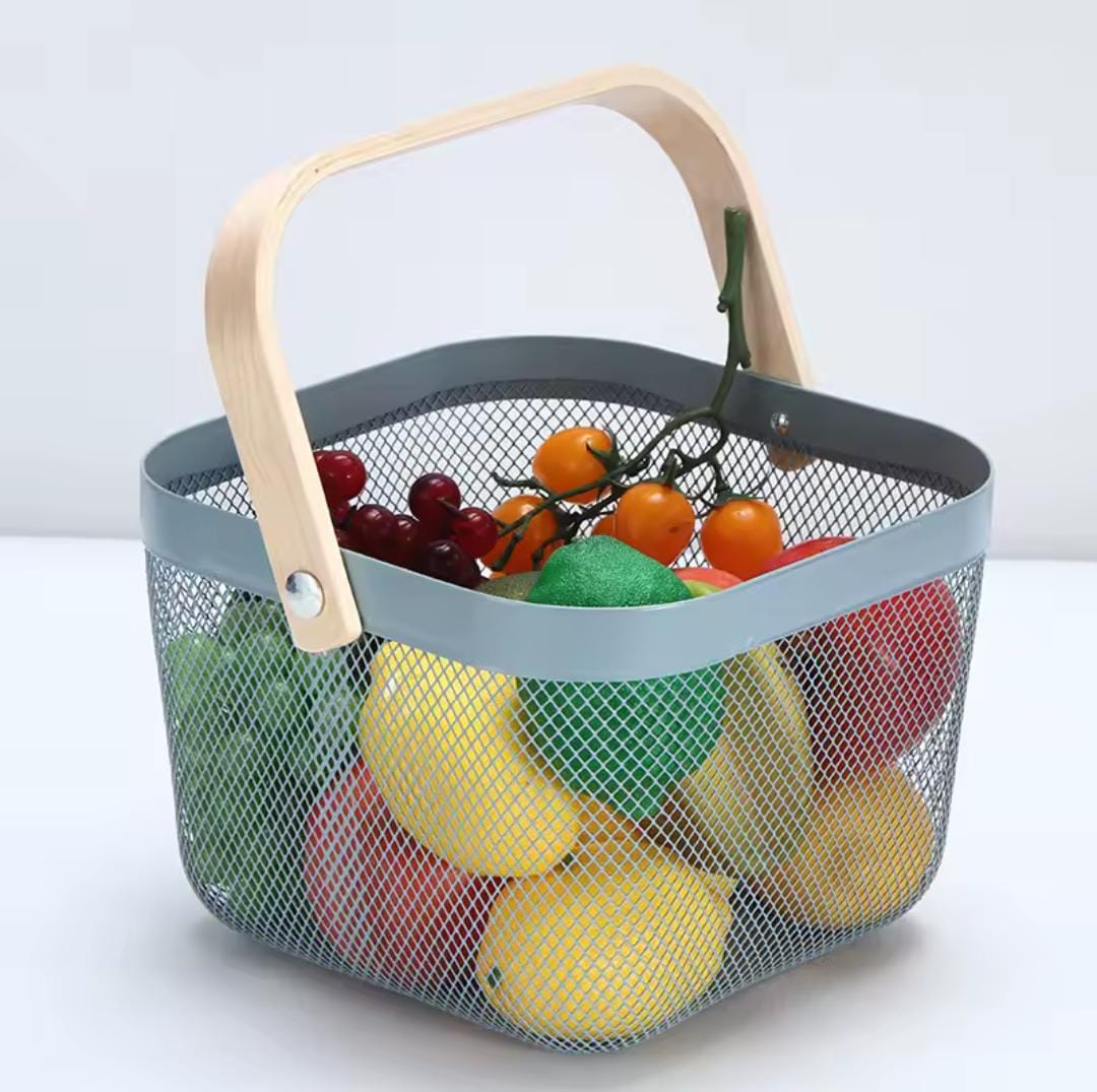 Portable Fruits Storage Basket – Alloy Mesh Basket with Natural Bamboo Handle for Kitchen Countertop, Pantry, and Market Shopping Use