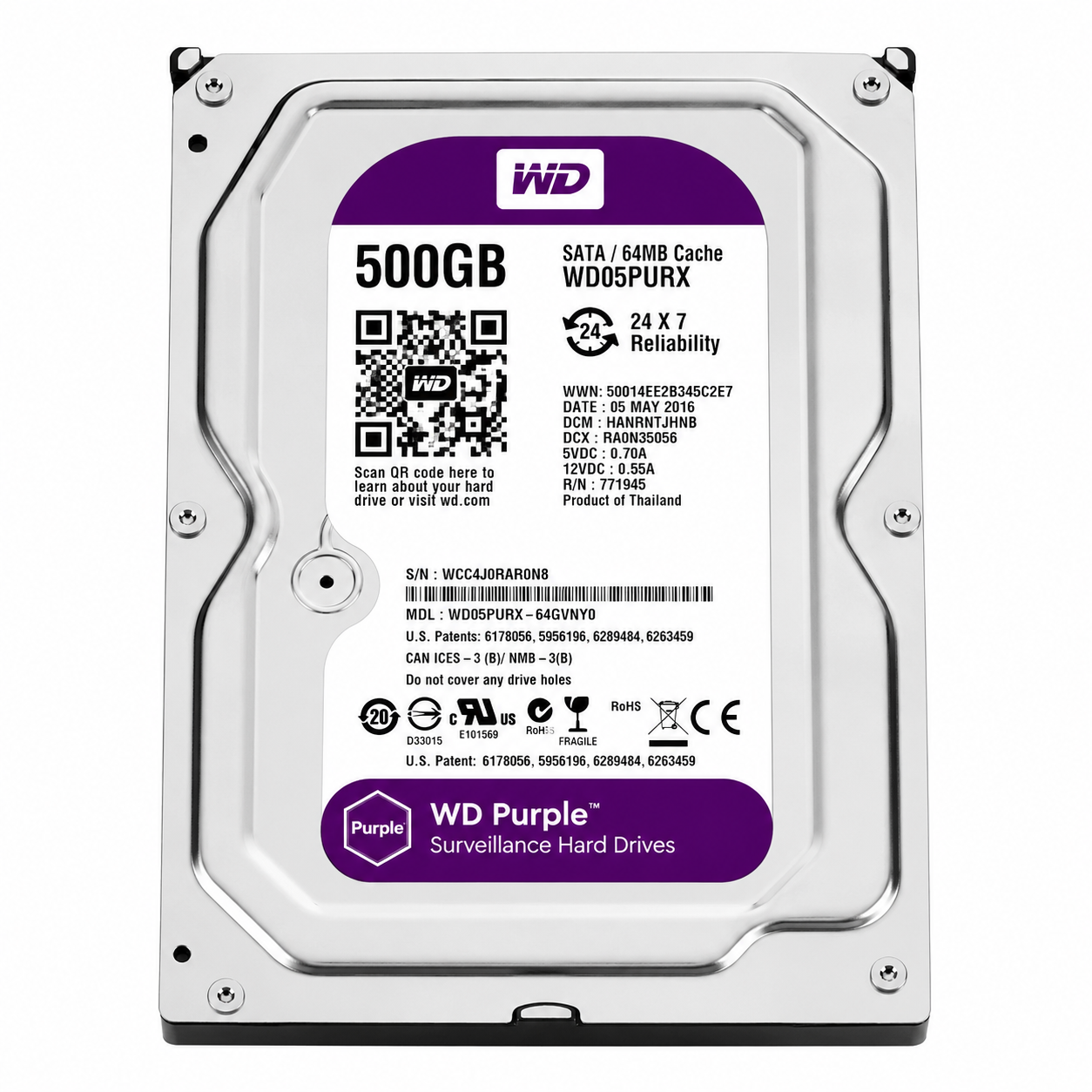 WD Purple 500GB Surveillance Hard Drive | 3.5" SATA CCTV HDD for DVR & NVR Security Systems