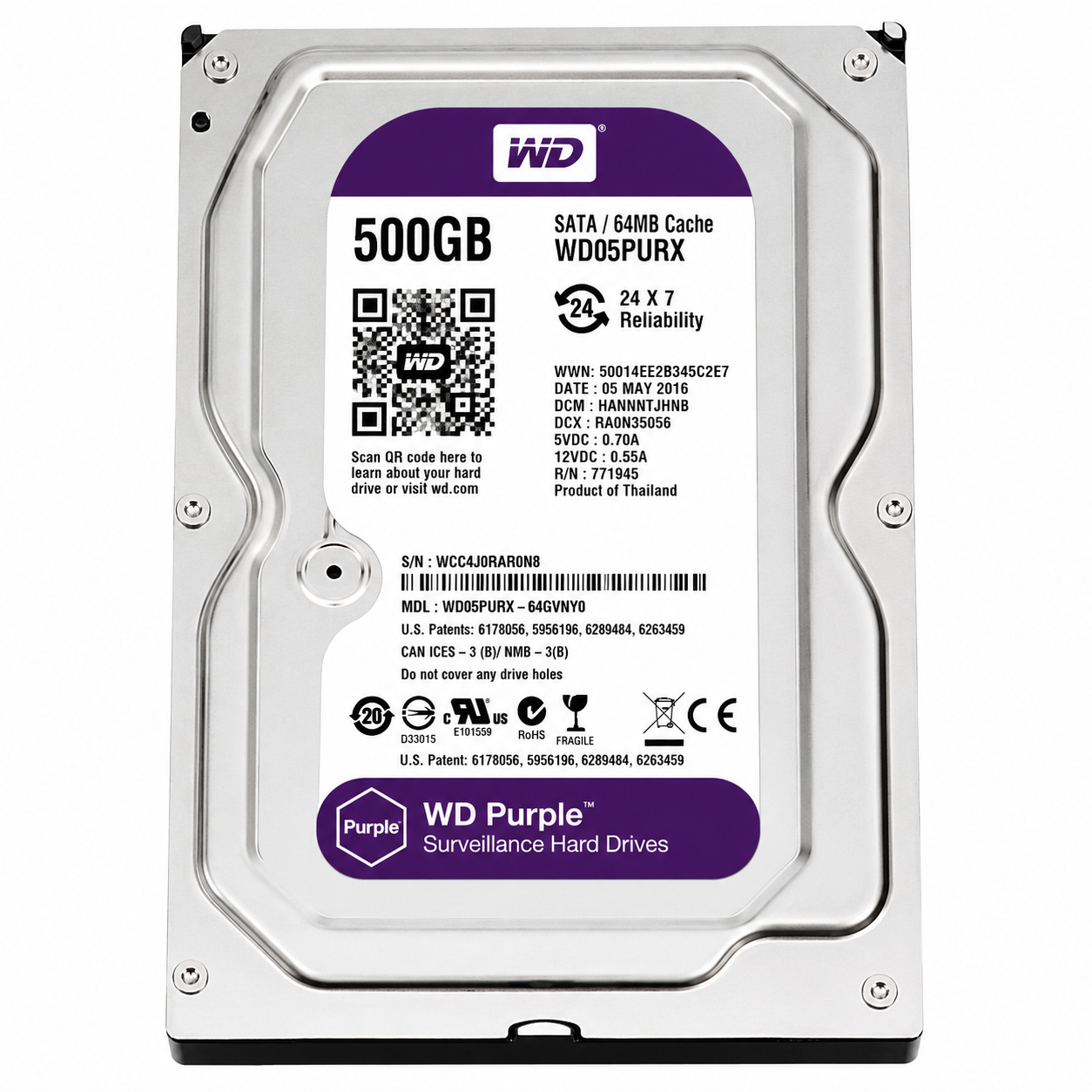 WD Purple 500GB Surveillance Hard Drive | 3.5" SATA CCTV HDD for DVR & NVR Security Systems