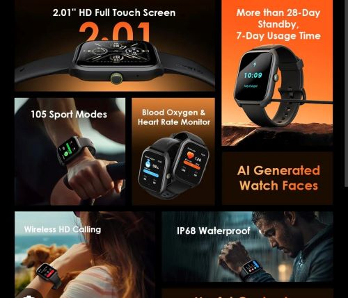 Oraimo Smartwatch 5 Lite 2.01” HD Full Touch Display with Bluetooth Calling, Sports Fitness Tracker, Heart Rate Monitor, Sleep & Step Tracker, Waterproof Design, Long Battery Life, Smart Alerts,