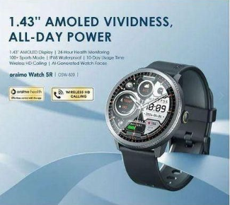 Oraimo Watch 5R OSW-820 1.43" AMOLED Smartwatch – Wireless HD Calling, 100+ Sports Modes, 24-Hour Health Monitoring, IP68 ,Bluetooth 5.3, 300mAh 10-Day Battery-black