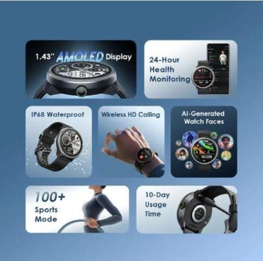 Oraimo Watch 5R OSW-820 1.43" AMOLED Smartwatch – Wireless HD Calling, 100+ Sports Modes, 24-Hour Health Monitoring, IP68 ,Bluetooth 5.3, 300mAh 10-Day Battery-black