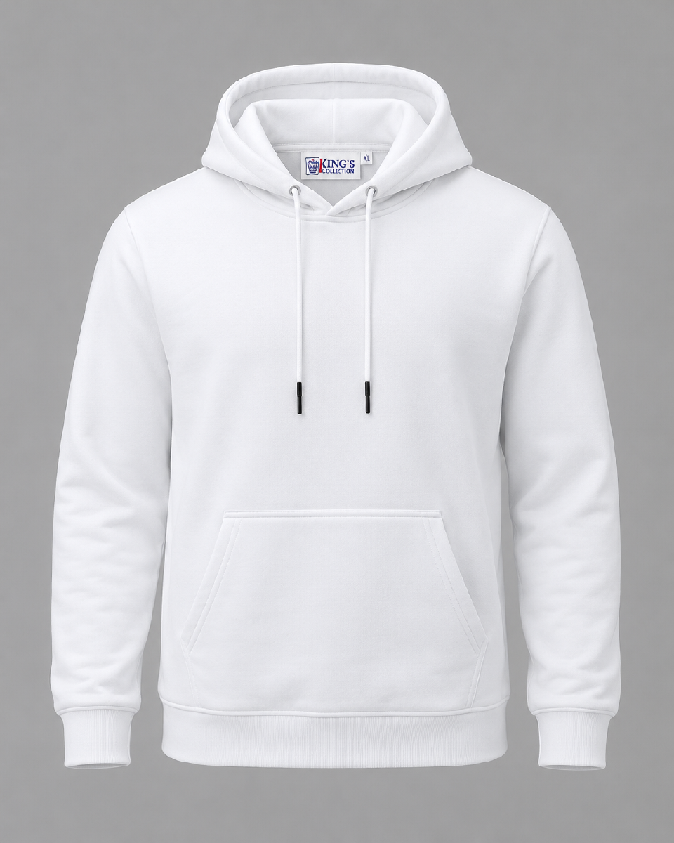 KINGS COLLECTION White Plain Hoodie – Premium Unisex Fleece Pullover Sweatshirt with Kangaroo Pocket