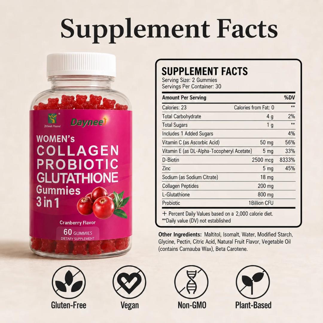 Oomen 3 in 1 Collagen probiotics Glutathione Gummies Cranberry Flavor Biotin Vitamin C Beauty Gut Health Supplements