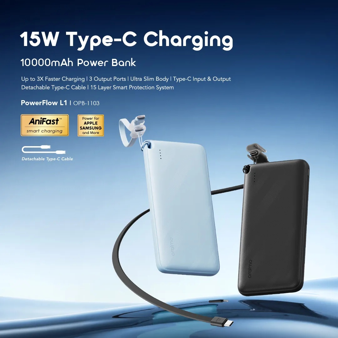 AMAZING DEALS!! oraimo PowerFlow L1 Power Bank (OPB-1103): 100000mAh | 15W Fast Charging | 2 USB-A Outputs | Type-C Input/Output | 3-Device Charging | Ultra-Slim Body | PowerBanks