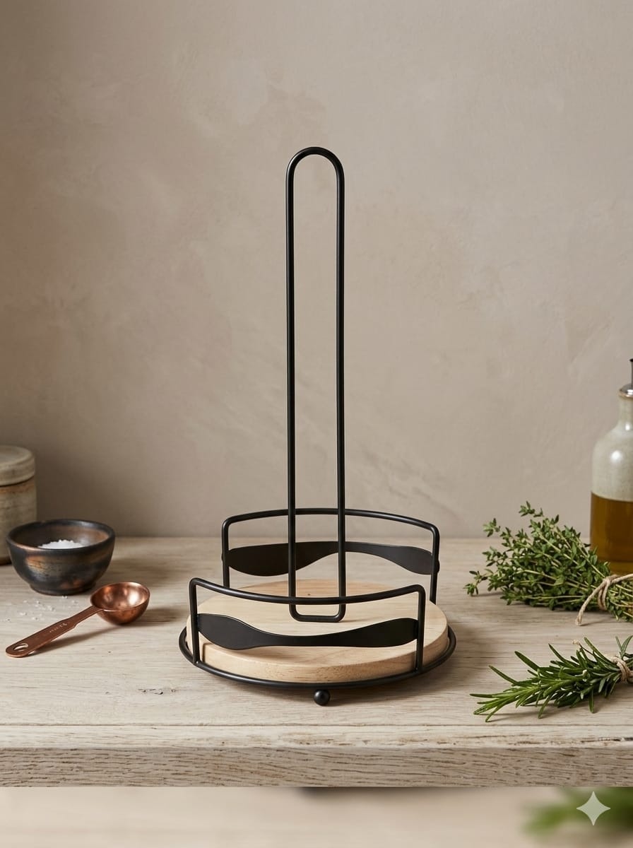 LIMITED OFFER!! Serviette Roll Paper Towel/Tissue Holder Stand: Stable Wooden Base | Elegant Design | Stainless Steel Frame