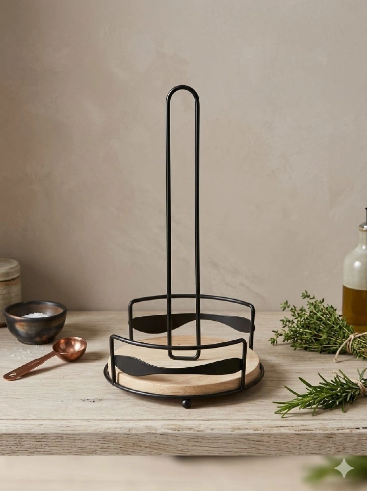 LIMITED OFFER!! Serviette Roll Paper Towel/Tissue Holder Stand: Stable Wooden Base | Elegant Design | Stainless Steel Frame