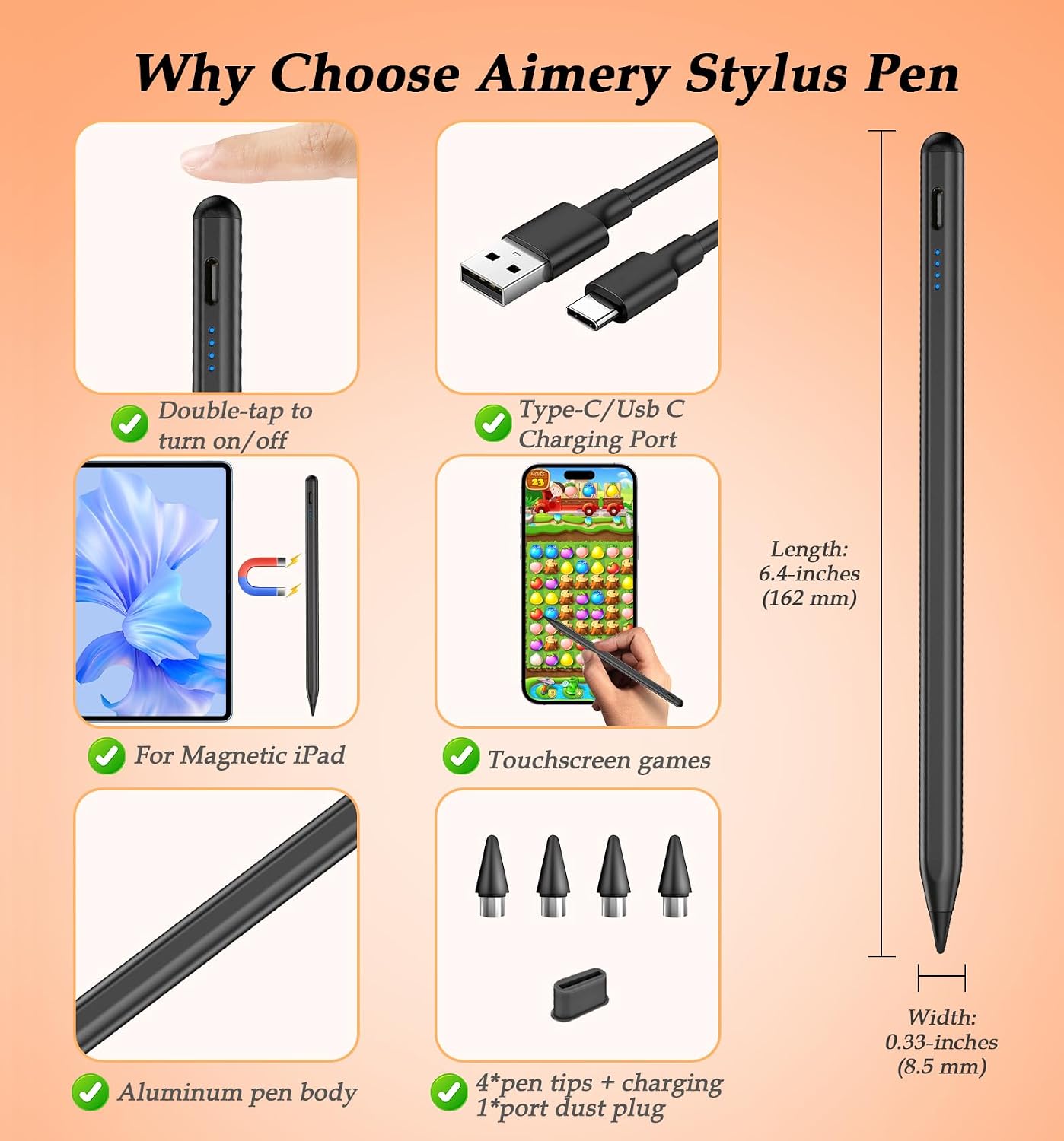 AMAZING OFFER!! AYNSRTN Universal Stylus Pen: Android/iOS Compatibility | 8-Hr Long Battery Life | Fast Charging | Auto Power-Off Protection | LED Indicators | Lightweight | Stylus Pens