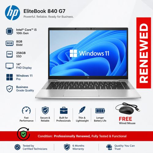 QUICK DEALS Refurbished HP EliteBook 840 G7 Core i5 10th Gen 8GB RAM 256GB SSD 14 Inch Full HD Touchscreen 1.6GHz up to 4.4GHz Quad Core Processor Windows 11 MS Office 2021 HDMI, WebCam +FREE MOUSE