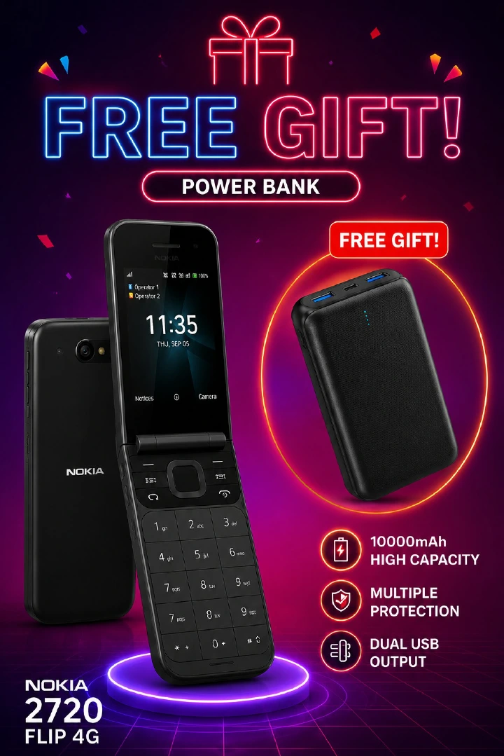 Nokia 2720 Flip Mobile, Mobile Phone, Dual Screen, Equipped with 4G Internet - Long Battery Life - Compact and Strong Dual Sim Card 4 GB Internal Memory, 512 MB RAM, Dual SIM Featured phone+free gifts