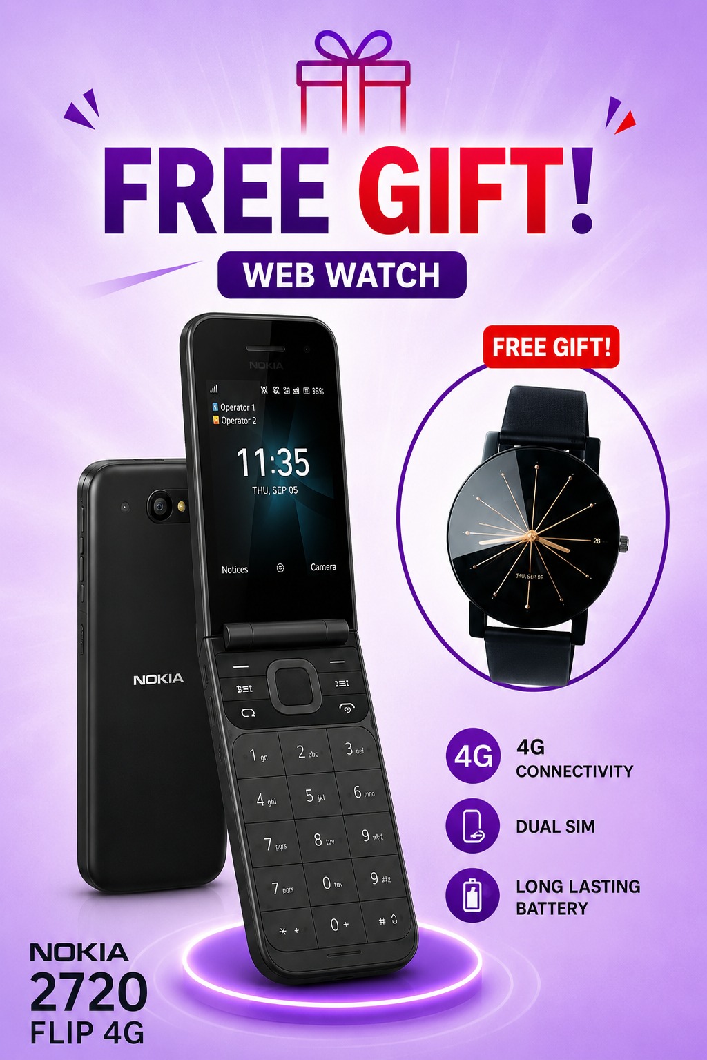 Nokia 2720 Flip Mobile, Mobile Phone, Dual Screen, Equipped with 4G Internet - Long Battery Life - Compact and Strong Dual Sim Card 4 GB Internal Memory, 512 MB RAM, Dual SIM Featured phone+free gifts