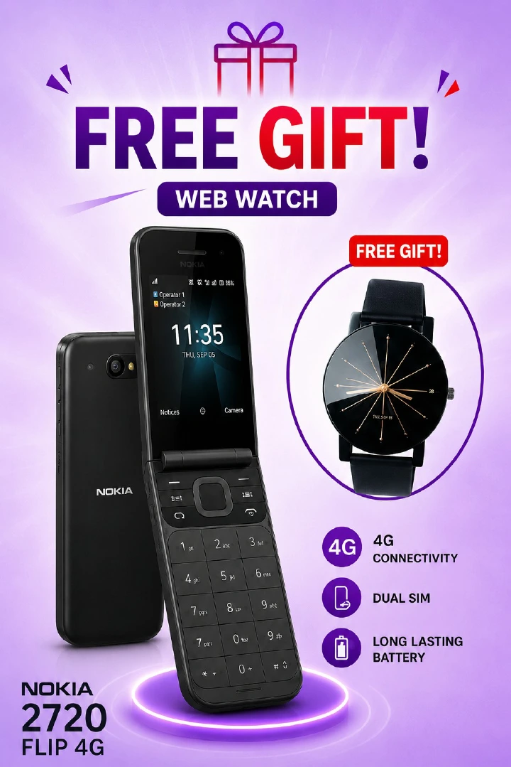 Nokia 2720 Flip Mobile, Mobile Phone, Dual Screen, Equipped with 4G Internet - Long Battery Life - Compact and Strong Dual Sim Card 4 GB Internal Memory, 512 MB RAM, Dual SIM Featured phone+free gifts