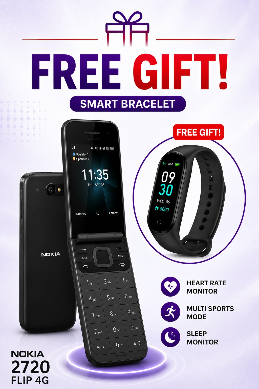 Nokia 2720 Flip Mobile, Mobile Phone, Dual Screen, Equipped with 4G Internet - Long Battery Life - Compact and Strong Dual Sim Card 4 GB Internal Memory, 512 MB RAM, Dual SIM Featured phone+free gifts