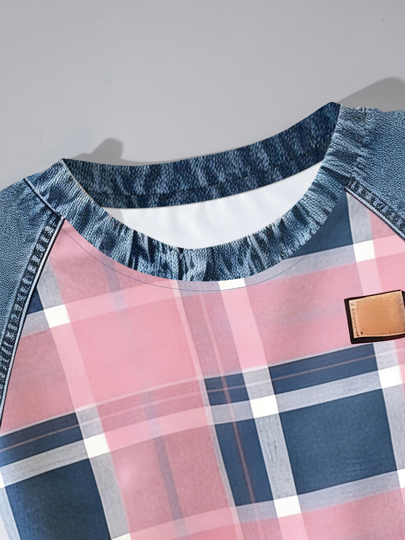 Women's Plaid T-Shirt, Short Sleeve Crew Neck Faux Denim Patchwork Tee, Casual Pink Blue Grid Print Top with Paw Print Details, Loose Fit Summer Blouse