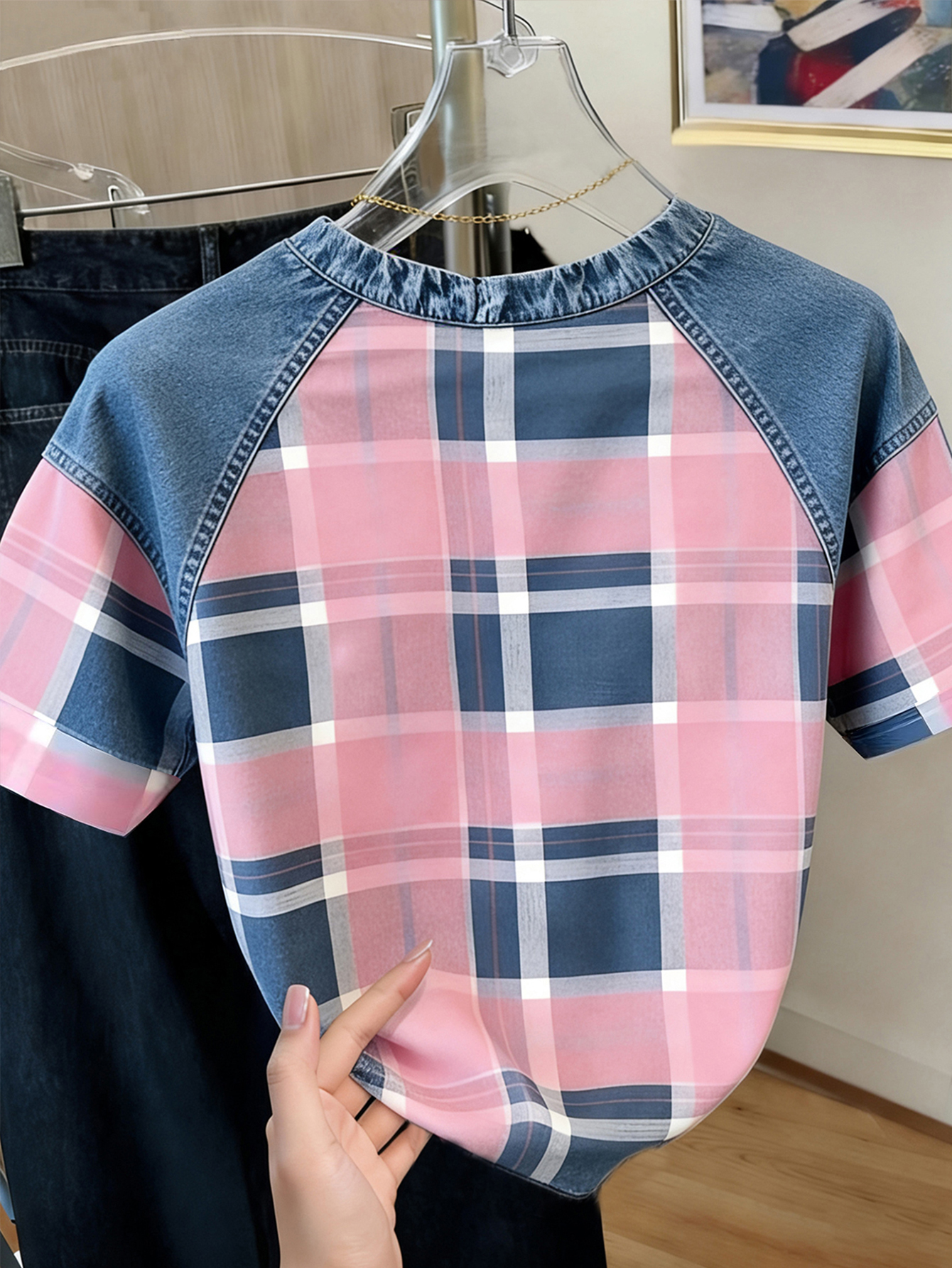 Women's Plaid T-Shirt, Short Sleeve Crew Neck Faux Denim Patchwork Tee, Casual Pink Blue Grid Print Top with Paw Print Details, Loose Fit Summer Blouse