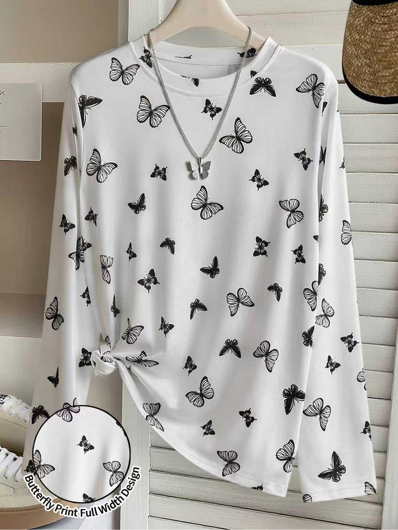 Women's Butterfly Print Long Sleeve T-Shirt - Crew Neck Casual Slim Fit White Top