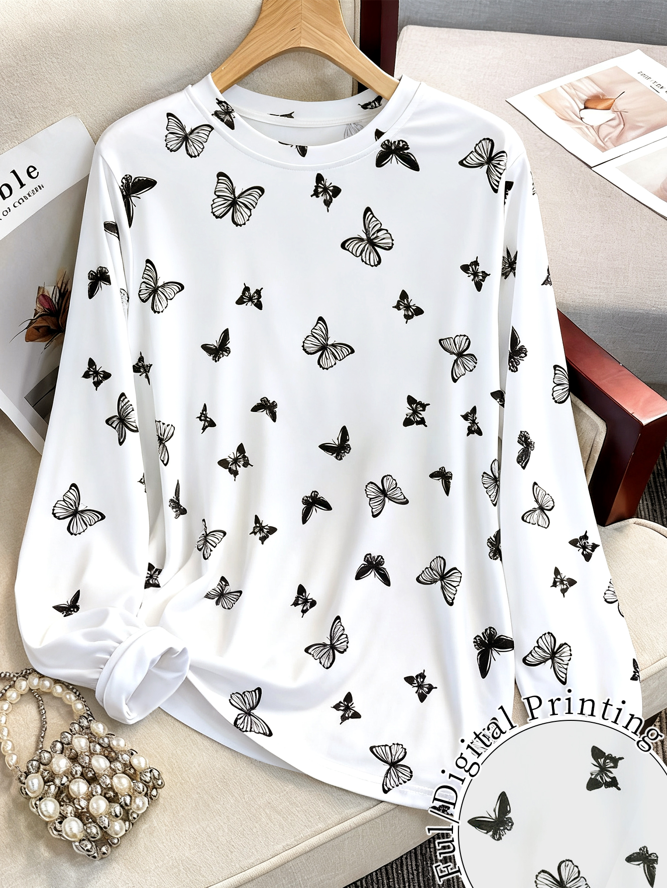Women's Butterfly Print Long Sleeve T-Shirt - Crew Neck Casual Slim Fit White Top