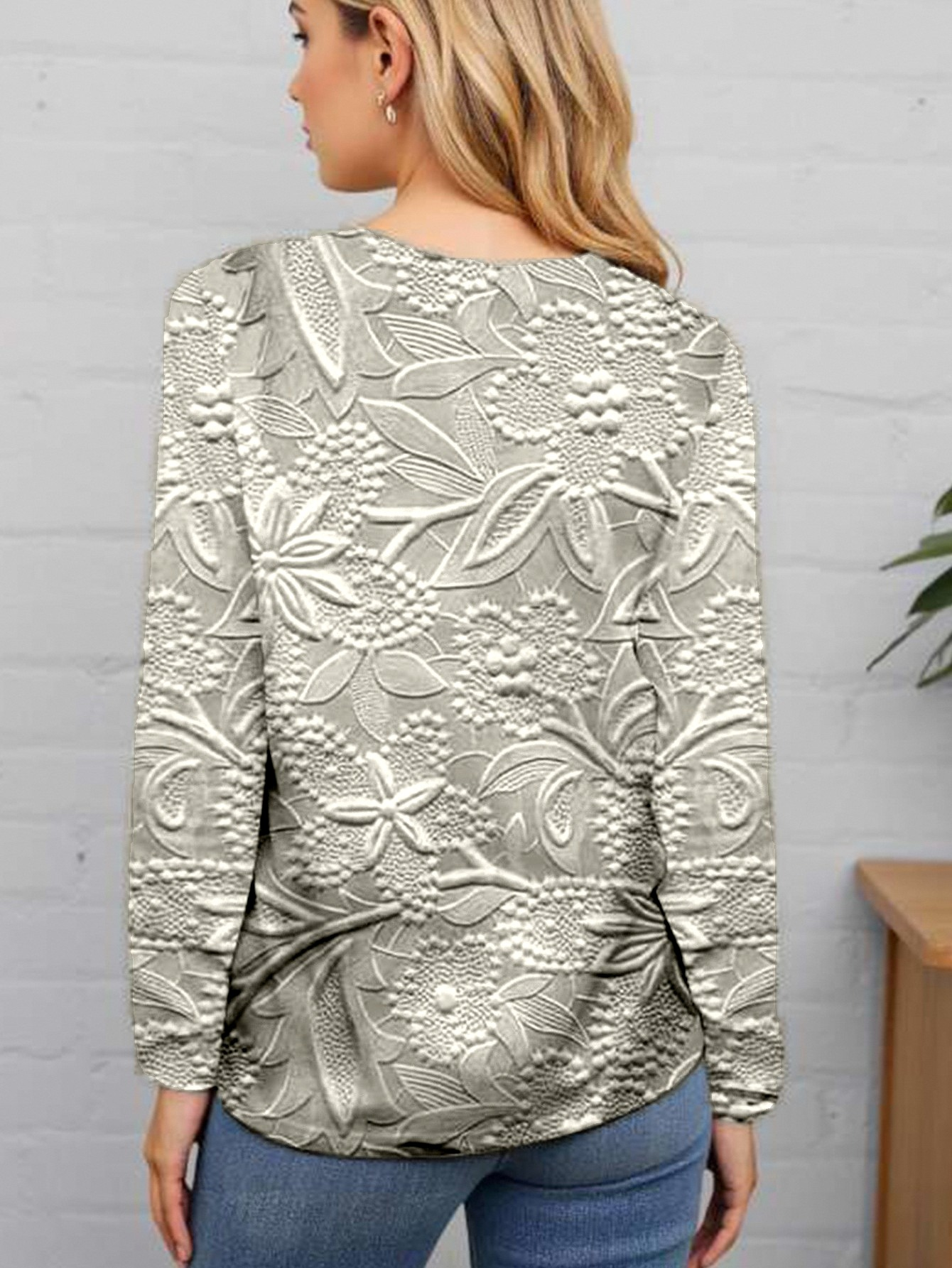 Women's Faux 3D Floral Print Top - Casual Crew Neck Long Sleeve T-Shirt, Soft & Comfortable Casual Tee
