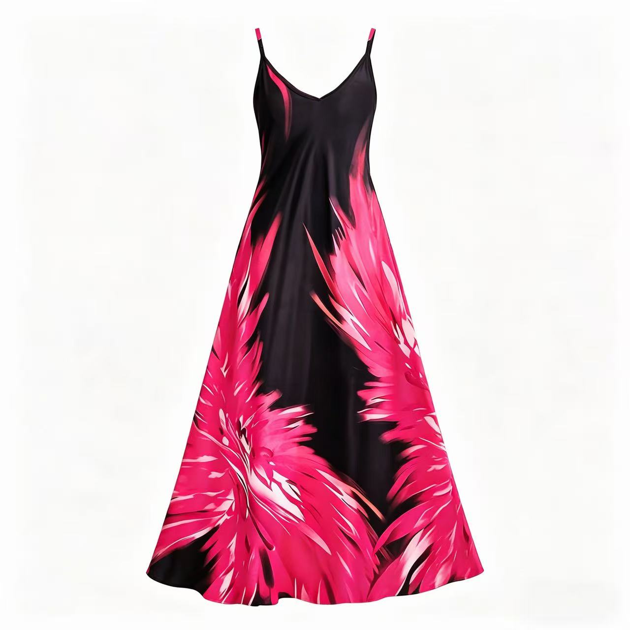 Women's Fashion New Casual Sleeveless V-Neck Faux Tie-Dye Print Maxi Swing Dress Sling Dress