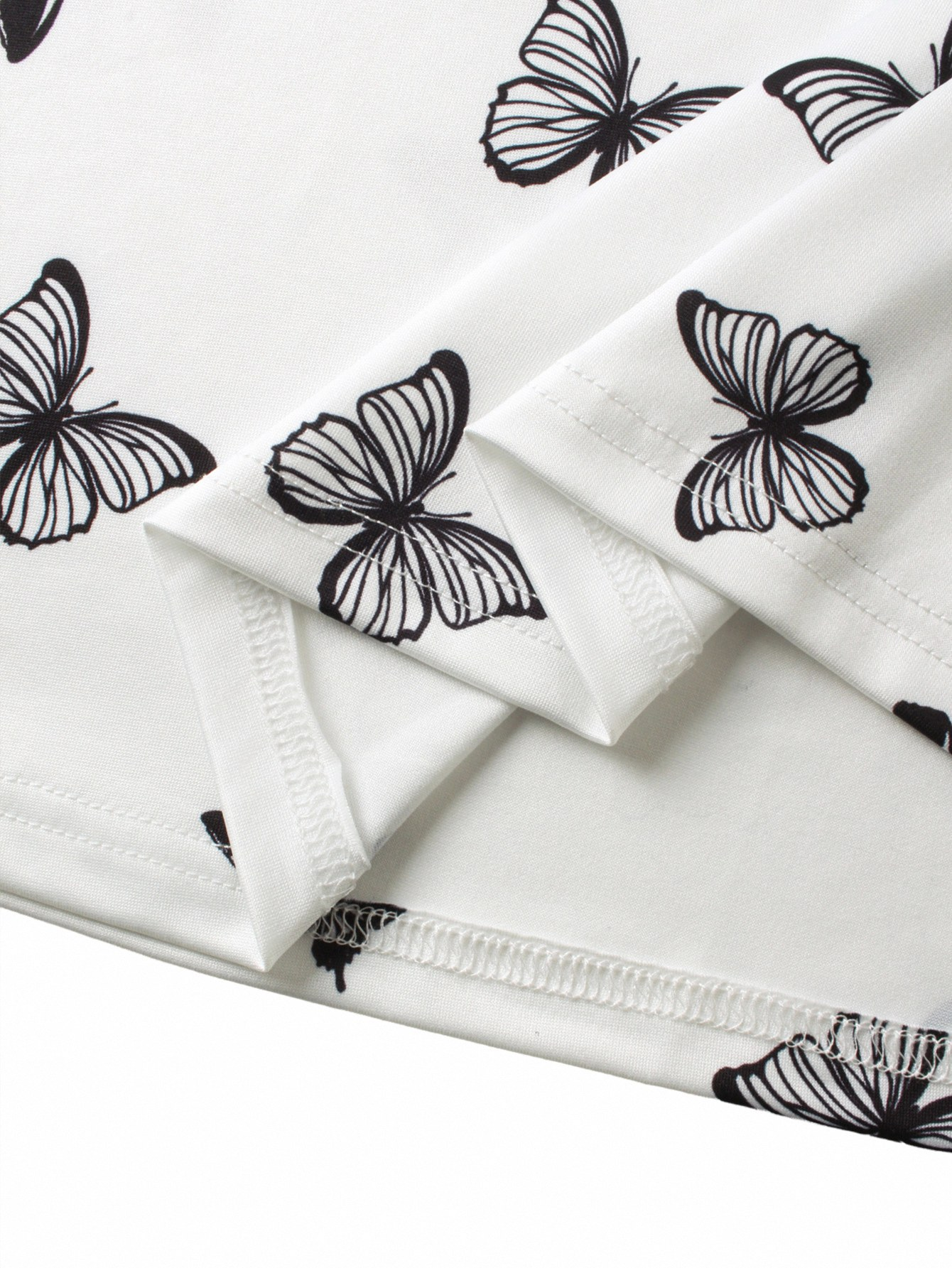 Women's Butterfly Print Long Sleeve T-Shirt - Crew Neck Casual Slim Fit White Top