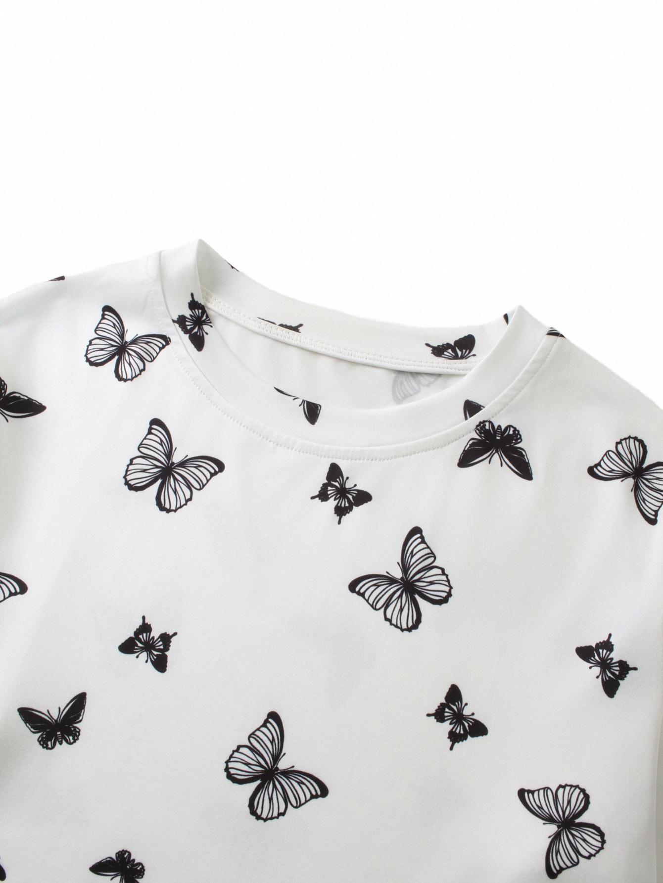 Women's Butterfly Print Long Sleeve T-Shirt - Crew Neck Casual Slim Fit White Top