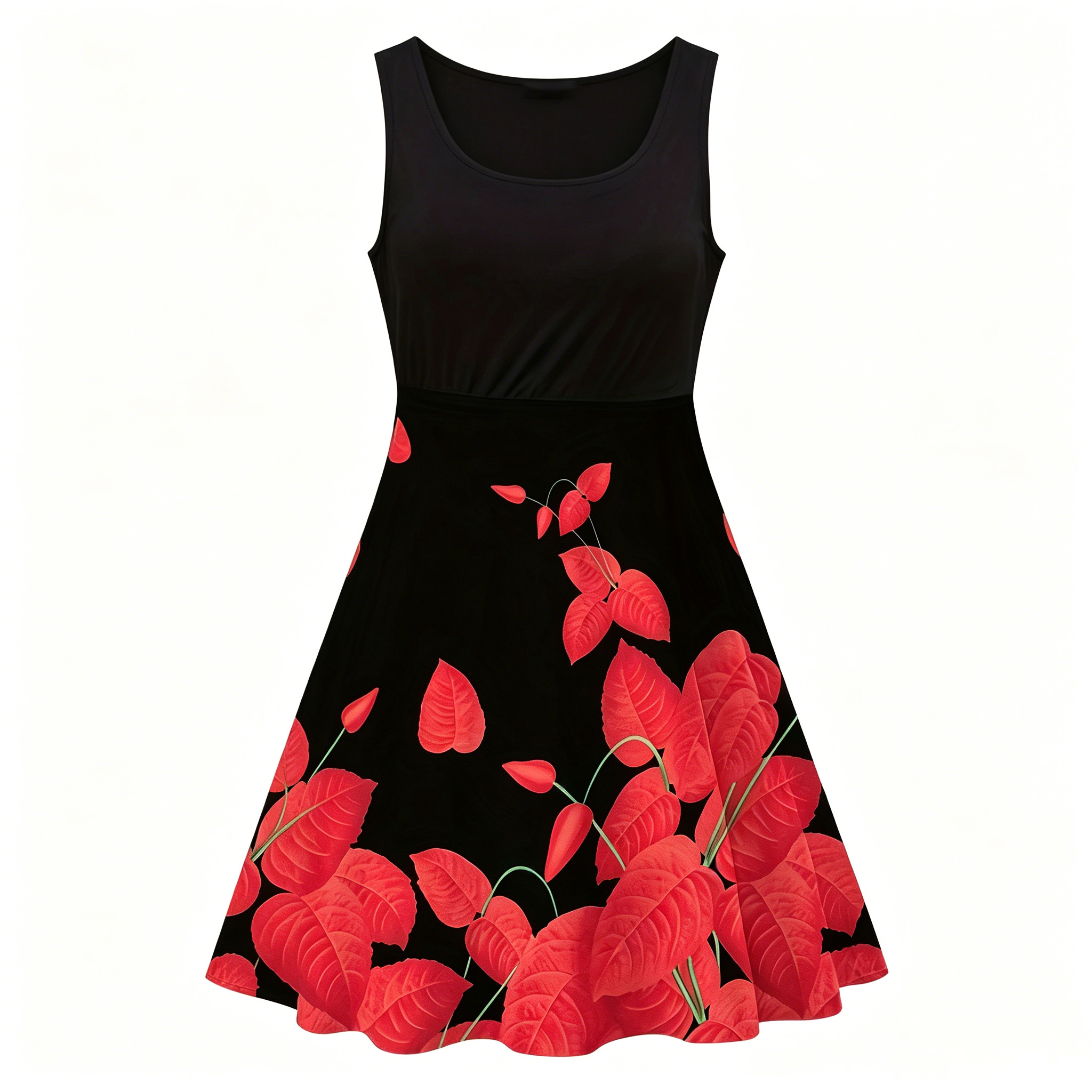 Women's Black Sleeveless Floral A-Line Dress - Casual Summer Red Anthurium Print Flare Tank Dress