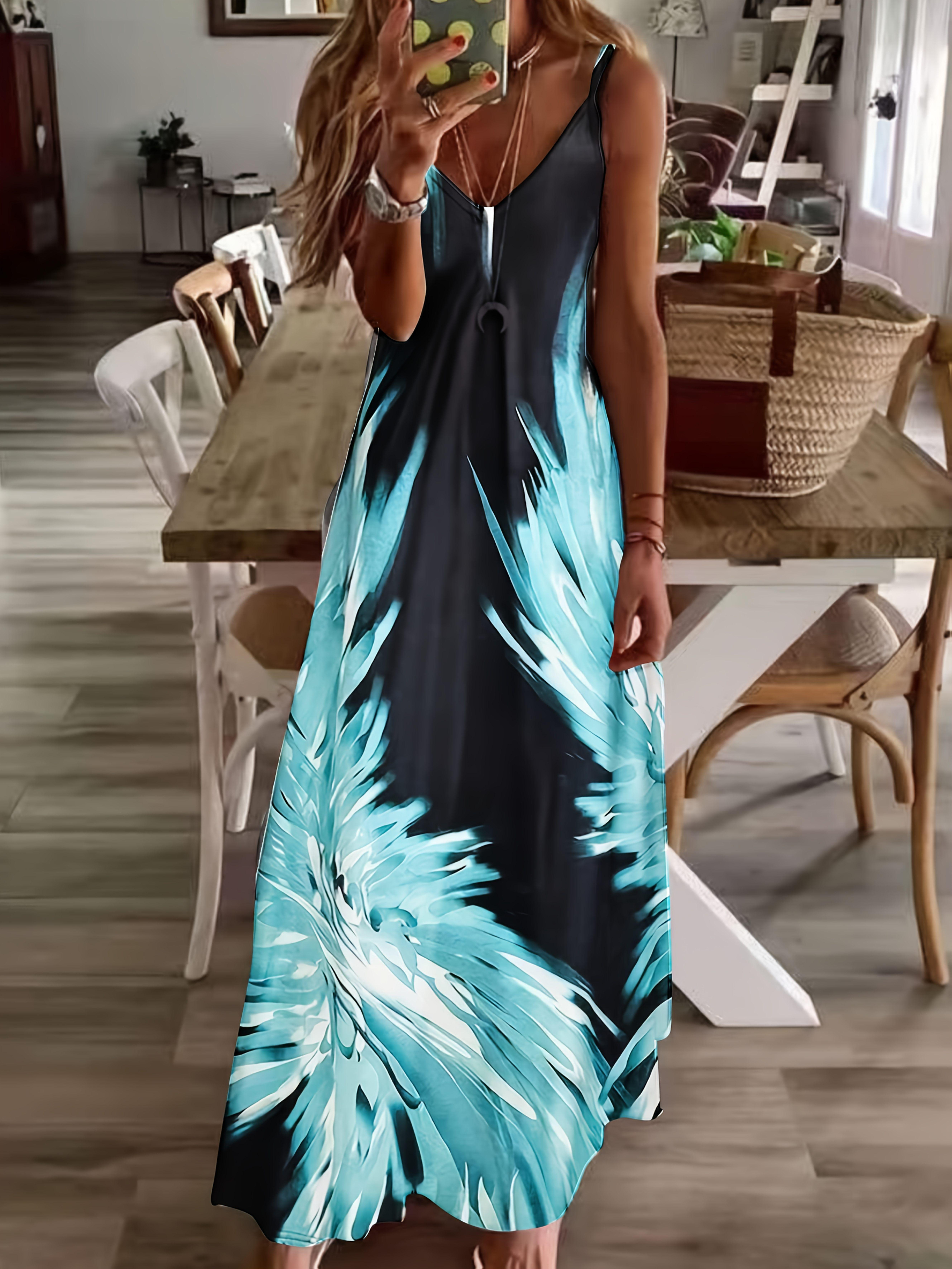 Women's Fashion New Casual Sleeveless V-Neck Faux Tie-Dye Print Maxi Swing Dress Sling Dress