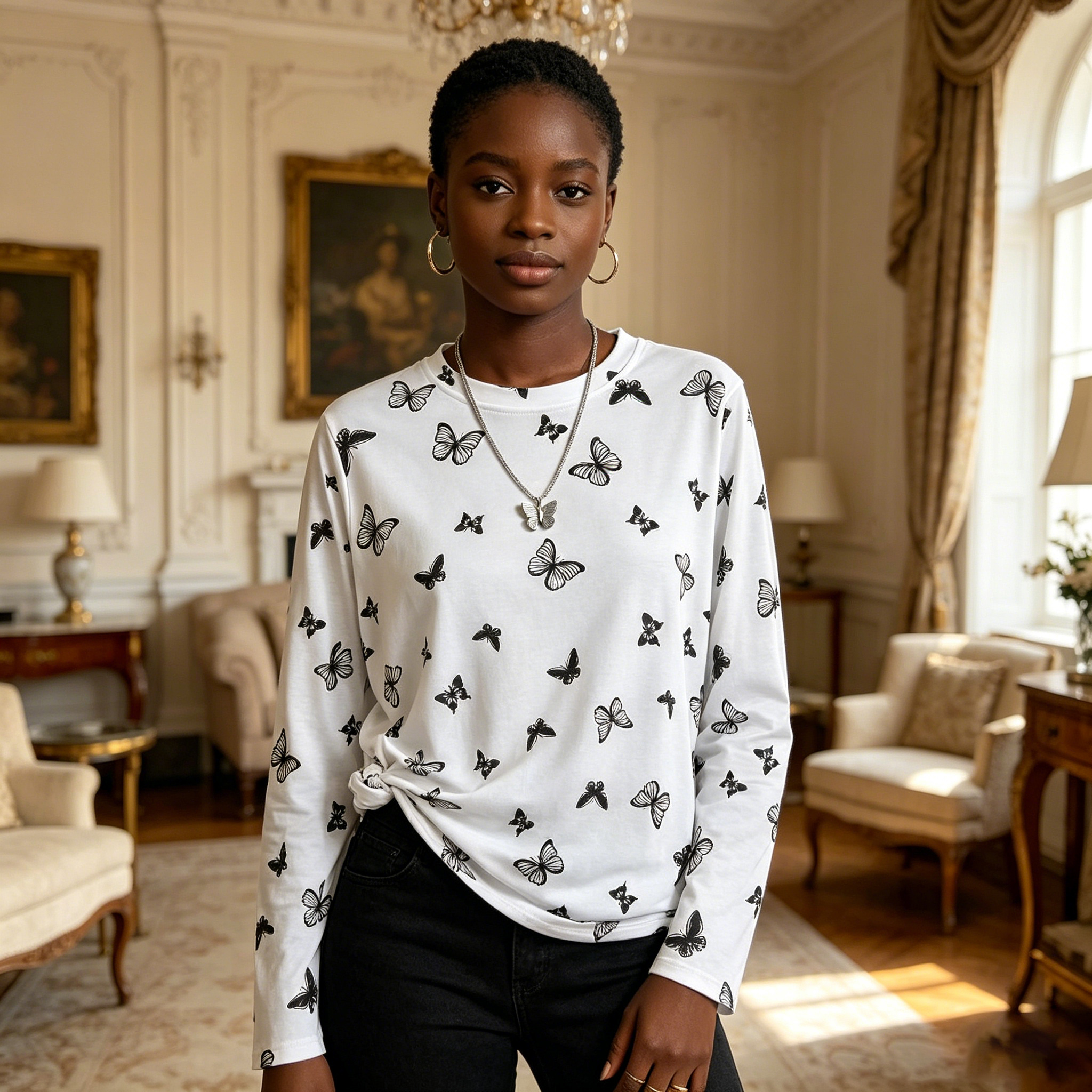 Women's Butterfly Print Long Sleeve T-Shirt - Crew Neck Casual Slim Fit White Top