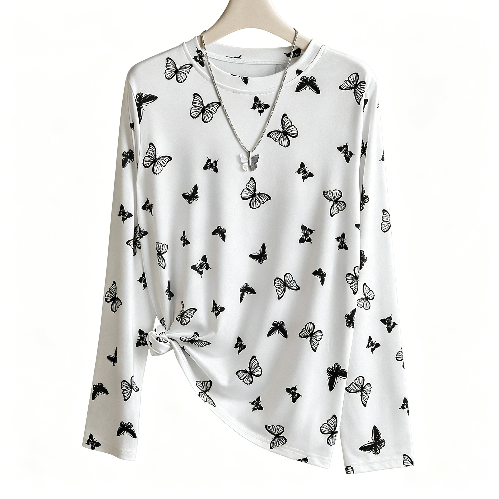 Women's Butterfly Print Long Sleeve T-Shirt - Crew Neck Casual Slim Fit White Top