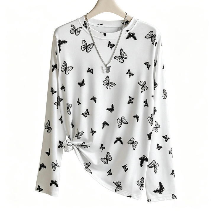 Women's Butterfly Print Long Sleeve T-Shirt - Crew Neck Casual Slim Fit White Top