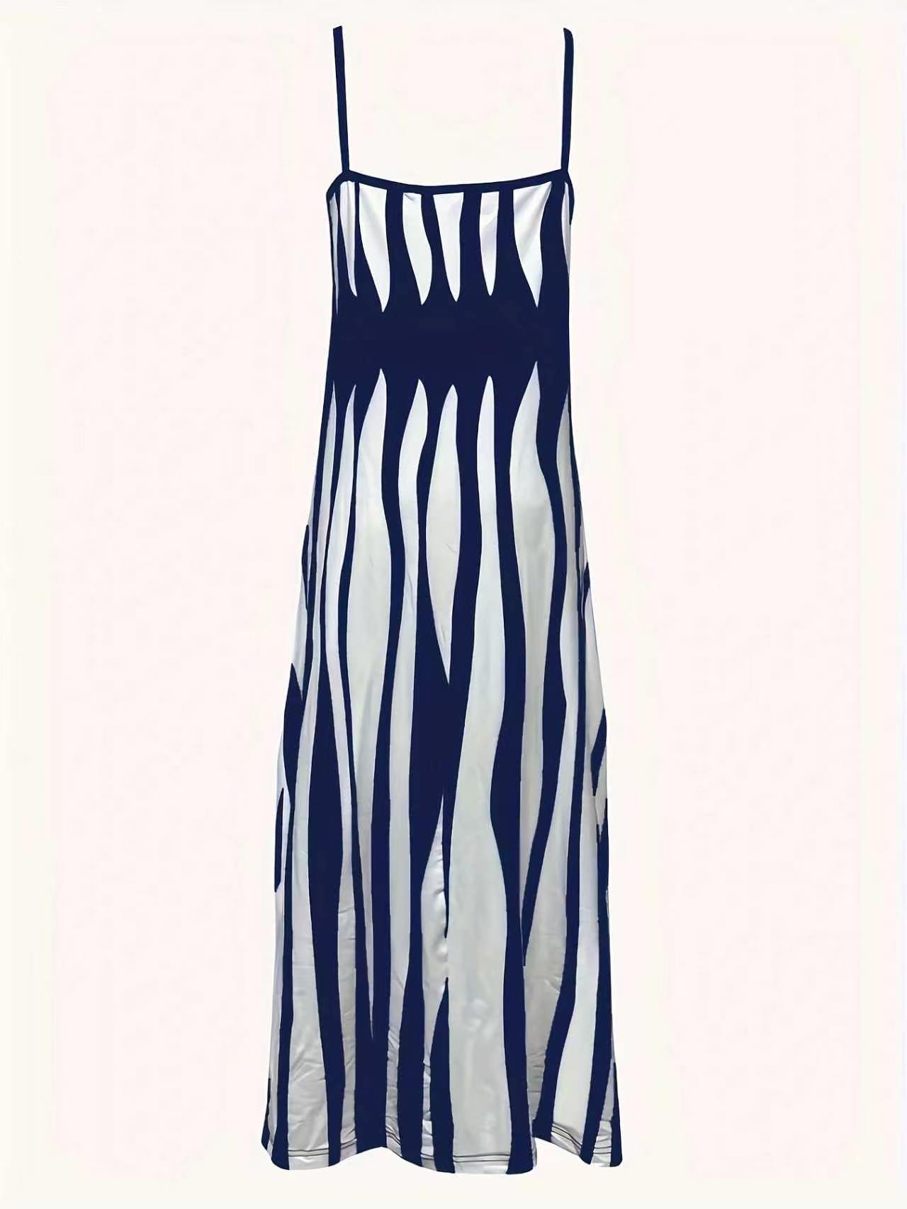 Women's V Neck Sleeveless Spaghetti Strap Maxi Dress, Vertical Irregular Stripe Print Loose Flowy Summer Casual Long Dress