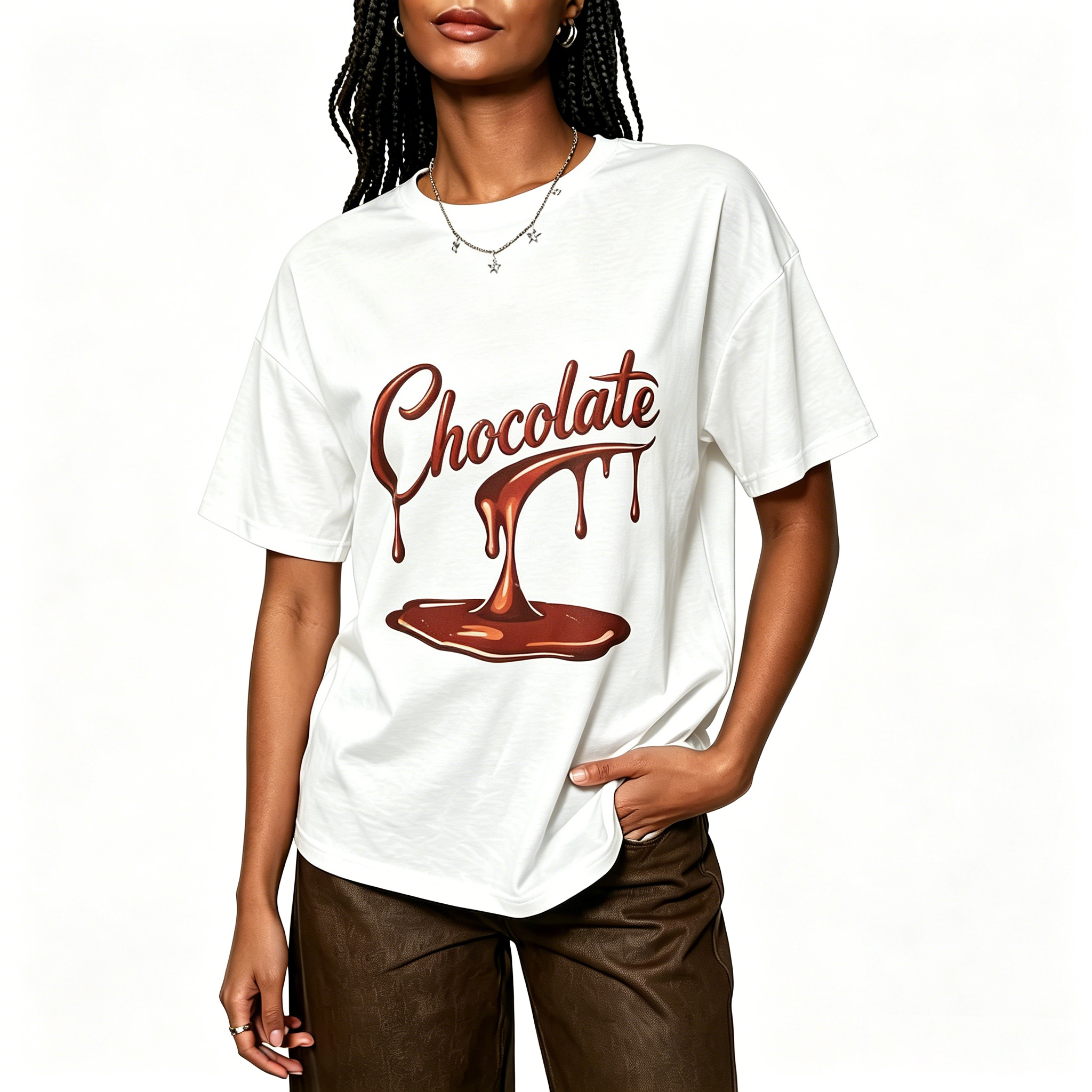 Women Cute Chocolate Drip Graphic Oversized T-Shirt, Fashion Letter Print Crew Neck Loose Short Sleeve Casual Summer Streetwear Tee